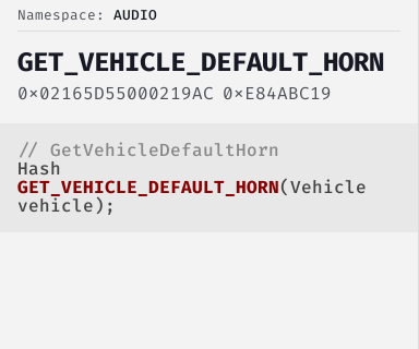 GetVehicleDefaultHorn - FiveM Natives @ Cfx.re Docs