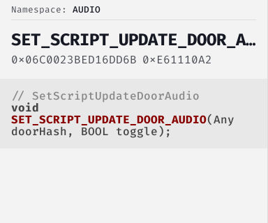 SetScriptUpdateDoorAudio - FiveM Natives @ Cfx.re Docs