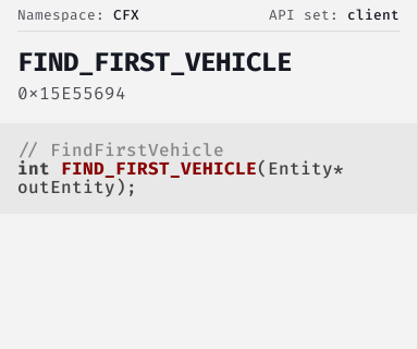 FindFirstVehicle - FiveM Natives @ Cfx.re Docs