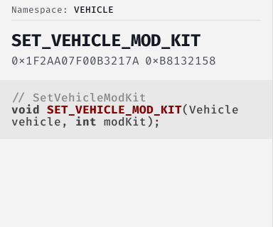 SetVehicleModKit - FiveM Natives @ Cfx.re Docs