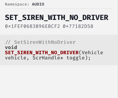 SetSirenWithNoDriver - FiveM Natives @ Cfx.re Docs