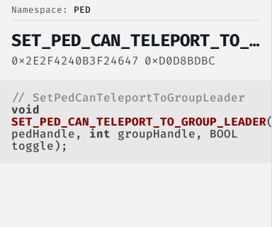 SetPedCanTeleportToGroupLeader - FiveM Natives @ Cfx.re Docs