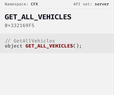 GetAllVehicles - FiveM Natives @ Cfx.re Docs
