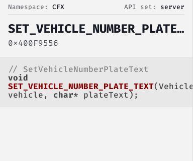 SetVehicleNumberPlateText - FiveM Natives @ Cfx.re Docs