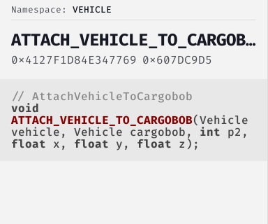 AttachVehicleToCargobob - FiveM Natives @ Cfx.re Docs