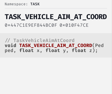 TaskVehicleAimAtCoord - FiveM Natives @ Cfx.re Docs