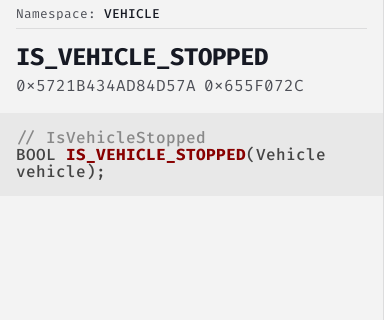 IsVehicleStopped - FiveM Natives @ Cfx.re Docs