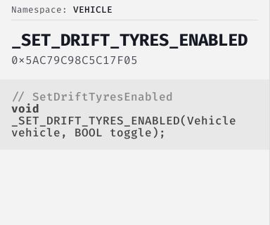 SetDriftTyresEnabled - FiveM Natives @ Cfx.re Docs