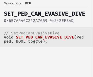 SetPedCanEvasiveDive - FiveM Natives @ Cfx.re Docs