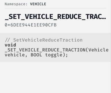 SetVehicleReduceTraction - FiveM Natives @ Cfx.re Docs