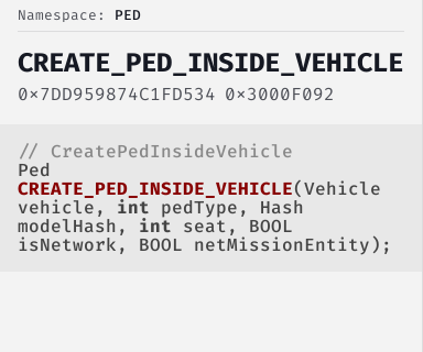 CreatePedInsideVehicle - FiveM Natives @ Cfx.re Docs