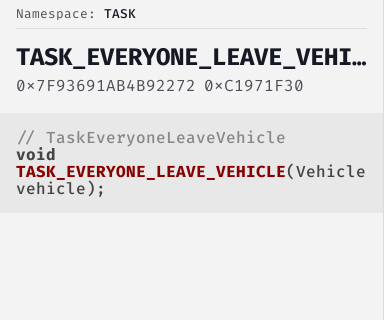 TaskEveryoneLeaveVehicle - FiveM Natives @ Cfx.re Docs