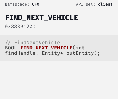 FindNextVehicle - FiveM Natives @ Cfx.re Docs