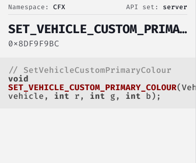 SetVehicleCustomPrimaryColour - FiveM Natives @ Cfx.re Docs