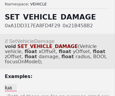 SetVehicleDamage - FiveM Natives @ Cfx.re Docs