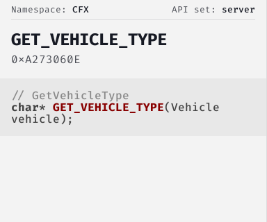 GetVehicleType - FiveM Natives @ Cfx.re Docs