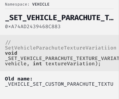 SetVehicleParachuteTextureVariation - FiveM Natives @ Cfx.re Docs