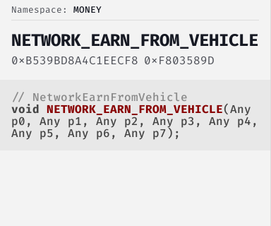 NetworkEarnFromVehicle - FiveM Natives @ Cfx.re Docs