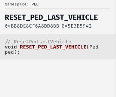 ResetPedLastVehicle - FiveM Natives @ Cfx.re Docs