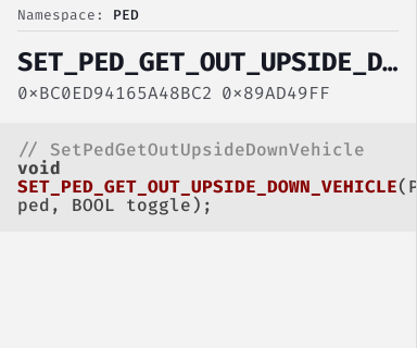 SetPedGetOutUpsideDownVehicle - FiveM Natives @ Cfx.re Docs