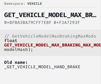 GetVehicleModelMaxBrakingMaxMods - FiveM Natives @ Cfx.re Docs