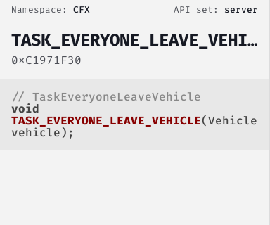 TaskEveryoneLeaveVehicle - FiveM Natives @ Cfx.re Docs