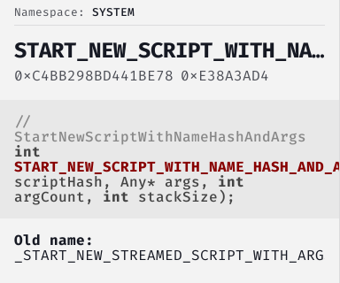 StartNewScriptWithNameHashAndArgs - FiveM Natives @ Cfx.re Docs