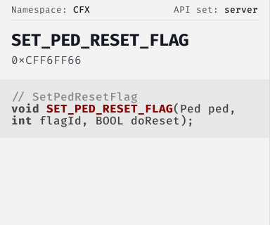 SetPedResetFlag - FiveM Natives @ Cfx.re Docs