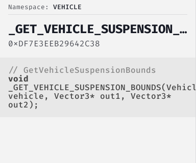 GetVehicleSuspensionBounds - FiveM Natives @ Cfx.re Docs