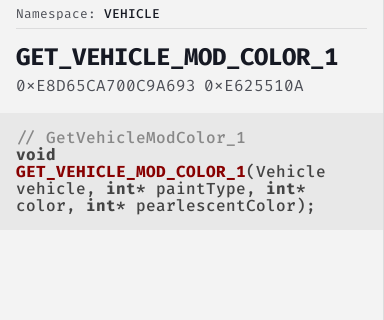 GetVehicleModColor_1 - FiveM Natives @ Cfx.re Docs