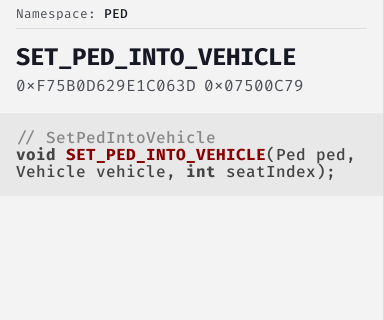 SetPedIntoVehicle - FiveM Natives @ Cfx.re Docs